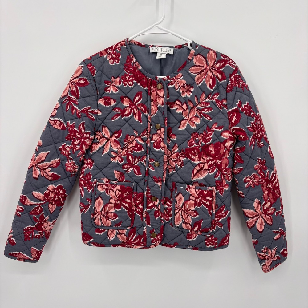 Rachel Zoe Quilted Jacket Womens Small Grey Red Floral Snap Front Excellent